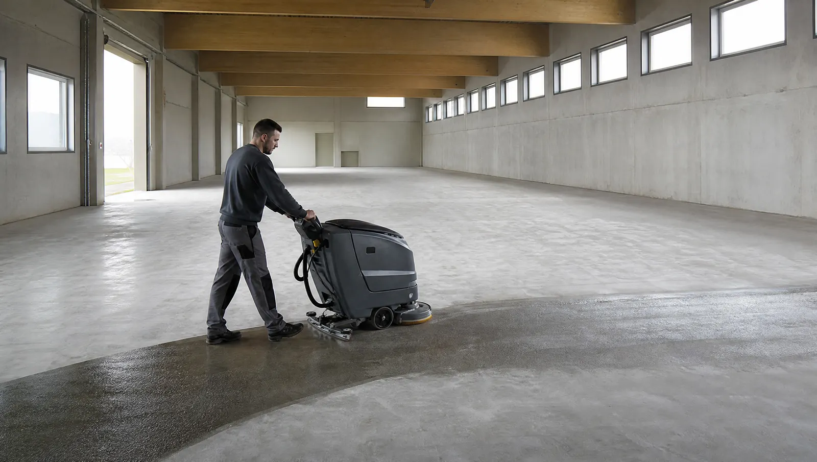 Scheuersaugmaschine reinigt einen Hallenboden