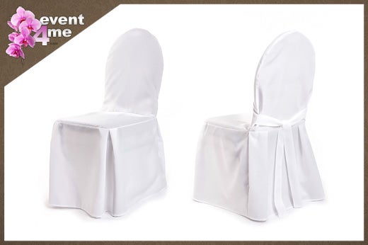 Bankett-Hussen in Weiß mieten – elegante Stuhlhusse mit angenähter Schleife