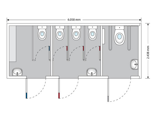 Toilettencontainer Behindertengerecht gebraucht (3 Damen, 1 Herren-Urinal, 1 Behinderten) 