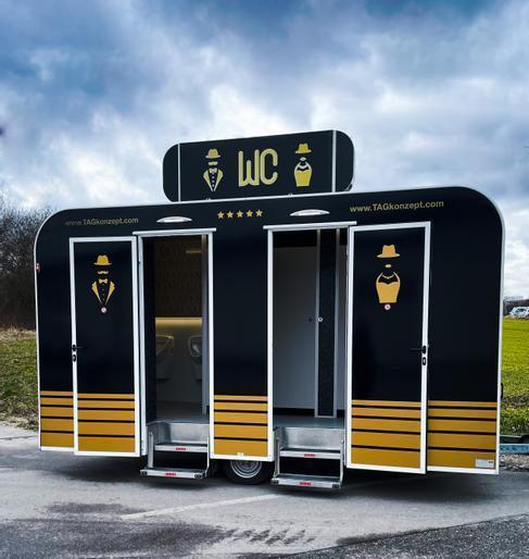 Toilettenanhänger Retro mieten – Toilettenwagen im Retro-Look für Events