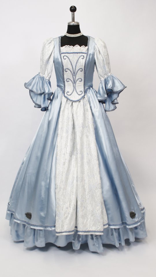 Rokokokleid – Hofdame Outfit – Hellblau-Weiß (Kleid, Reifrock und Kette) mieten