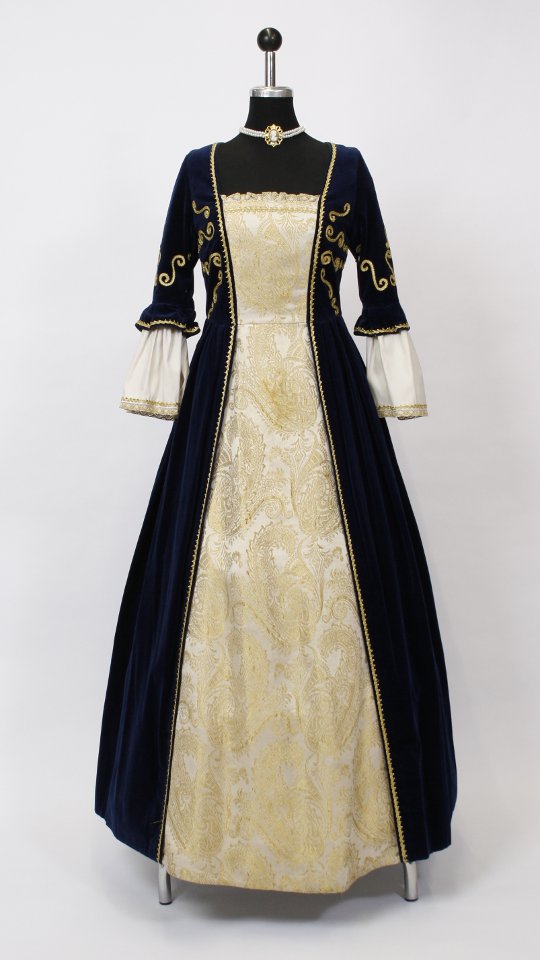 Renaissance Outfit – Damen – Dunkelblau-Gold (Kleid, Reifrock, Kette, Stirnband und Pompad
