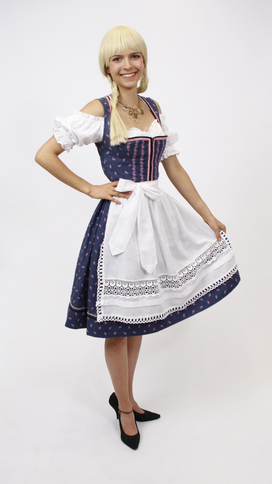 Dirndl – Blau-Weiß mit Rosen – Damen (Dirndl, Schürze und Bluse) mieten