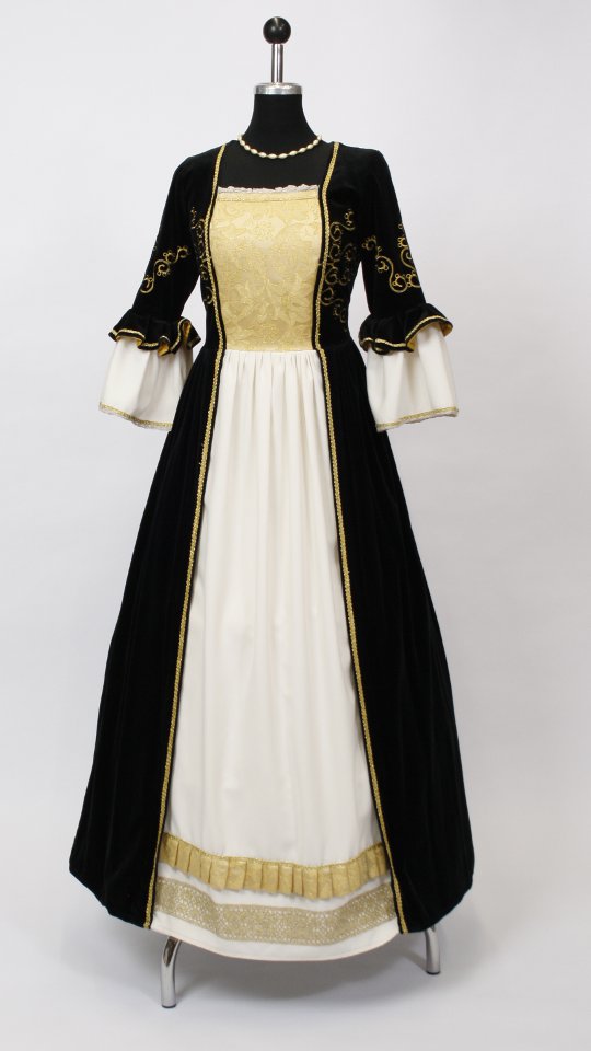 Renaissance Outfit – Damen – Schwarz (Kleid, Reifrock, Kette, Stirnband und Pompadure) mie