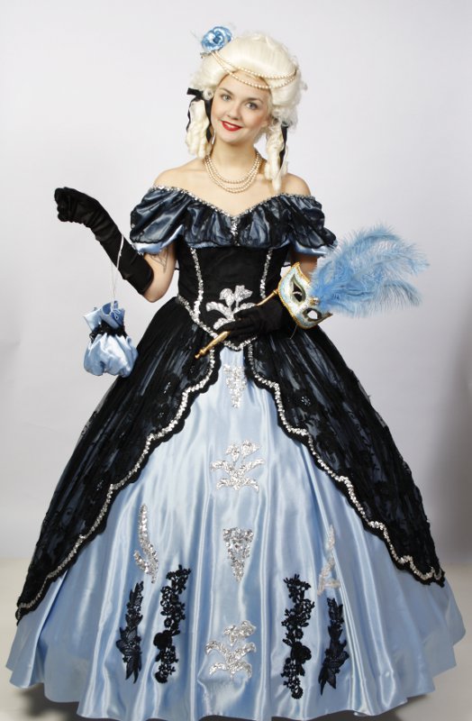 Rokokokleid – Hofdame Outfit – Hellblau-Schwarz (Kleid, Reifrock und Kette) mieten