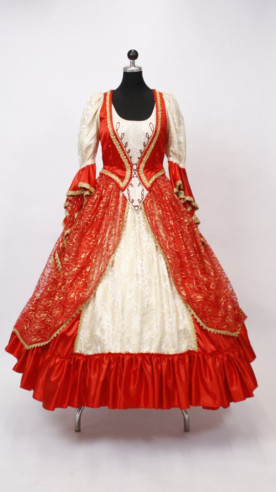 Rokokokleid – Ballkleid – Hofdame Outfit in Rot-Gold-Satin (Kleid, Reifrock, Pompadure) mi