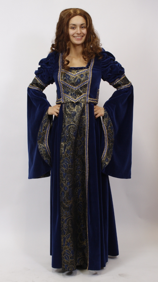 Mittelalter – Ratsherrenball Outfit – Damen – Dunkelblau (Samtkleid, Stirnband und Kette) 