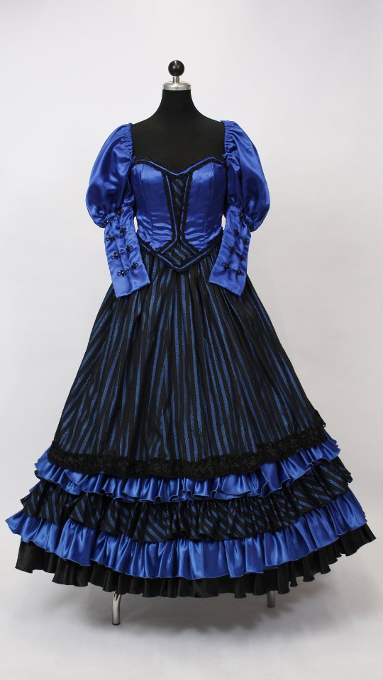 Ballkleid – Biedermeier Outfit – Damen – Blau-Schwarz (Kleid, Reifrock und Kette) mieten