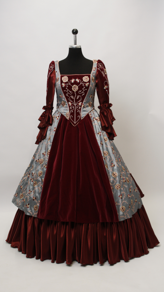 Rokokokleid – Hofdame Outfit – Weinrot-Silber (Kleid, Reifrock und Kette) mieten