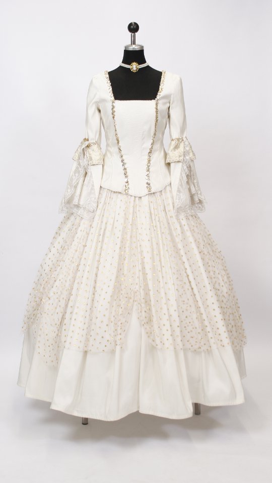 Rokokokleid – Hofdame Outfit – Creme-Gold (Kleid, Reifrock und Kette) mieten