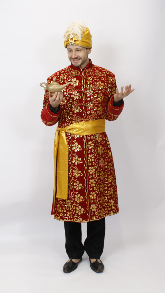 Maharadscha – Inder – 1001 Nacht – Aladin Outfit – Rot-Gold (Kaftan, Turban, Schärpe) miet