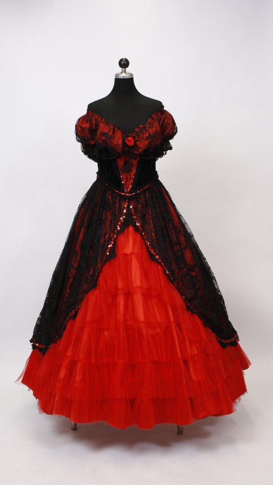 Sissikleid – Ballkleid – Hofdame Outfit in Rot Schwarz (Kleid, Reifrock, Kette) mieten
