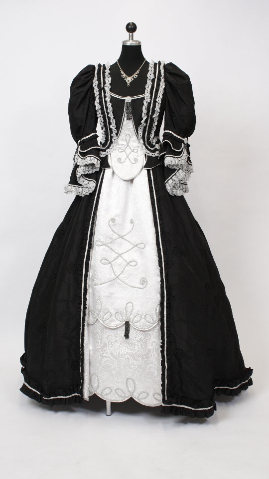 Rokokokleid – Ballkleid – Hofdame Outfit – Schwarz-Silber (Kleid, Reifrock, Kette) mieten