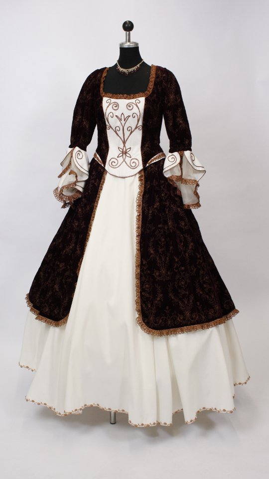 Rokokokleid – Hofdame Outfit – Beige-Bordeaux (Kleid, Reifrock und Kette) mieten