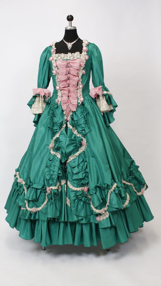 Rokokokleid – Ballkleid – Hofdame Outfit in Grün mit Rosen (Kleid, Reifrock, Kette) mieten