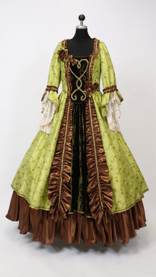 Rokokokleid – Ballkleid – Hofdame Outfit in Braun-Grün (Kleid, Reifrock, Pompadure) mieten