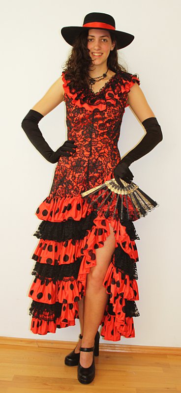 Chilenische Tracht – Orange (Kleid, Hut, Handschuhe, Fächer und Kette) mieten