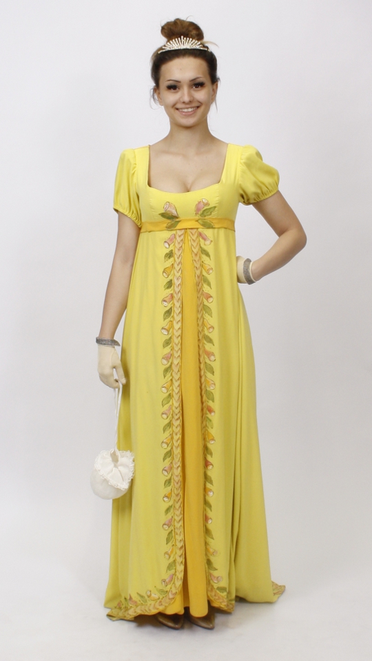 Empire – 19. Jahrhundert Outfit – Damen – Gelb (Kleid, Handschuhe und Pompadure) mieten