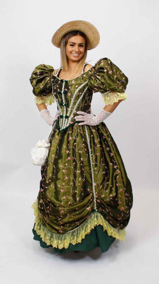 Biedermeier Outfit – Grün (Kleid, Reifrock, Hütchen und Kette) mieten