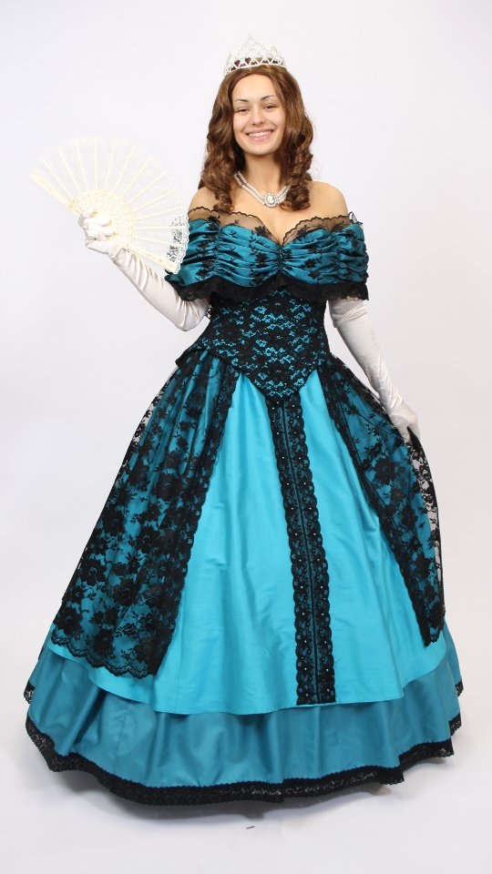 Sissikleid – Ballkleid – Rokoko Outfit in Petrol (Kleid, Reifrock, Pompadure) mieten
