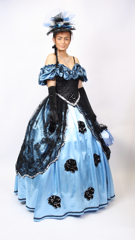Sissikleid – Ballkleid – Rokoko Outfit in Blau-Schwarz (Kleid, Reifrock und Hut) mieten