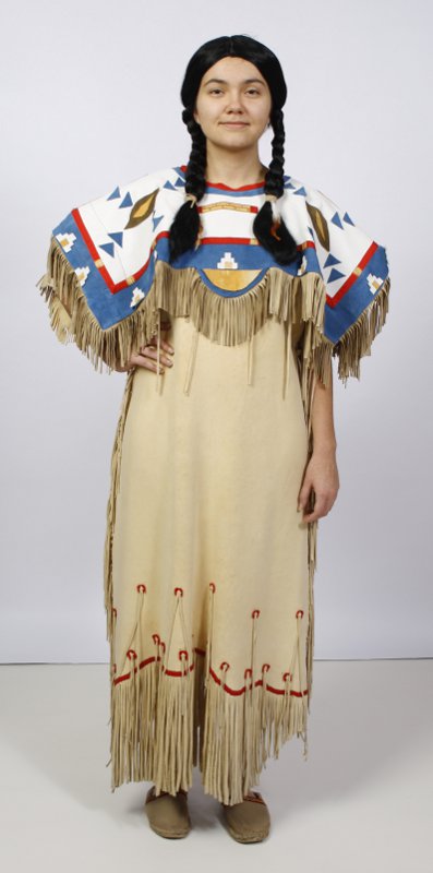 Indianerin – Pocahontas – Squaw Outfit – Creme-Bunt (Kleid, Kragen und Stirnband) mieten