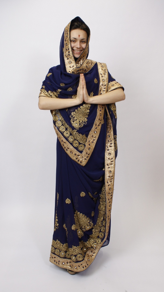 Indische Tracht – Sari – Blau-Gold (Sari, Kopfschmuck und 3 Armreifen mieten