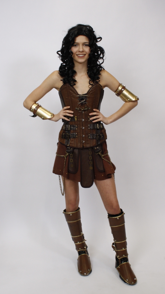 Amazone Outfit – Dunkelbraun (Corsage, Lendenschurz, Rock und Bein-/Armschienen) mieten