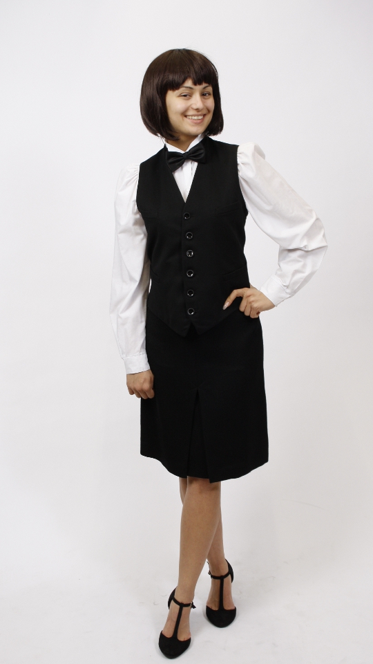 Hostess – Kellnerin Outfit (Weste, Rock, Bluse und Fliege) mieten