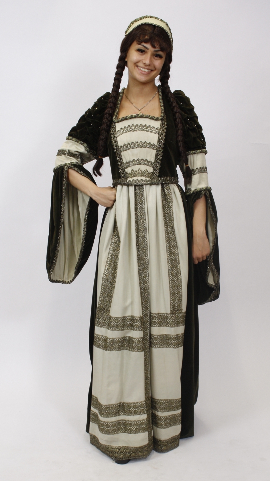 Mittelalter – Ratsherrenball Outfit – Damen – Olivegrün (Samtkleid, Stirnband, Pompadure, 