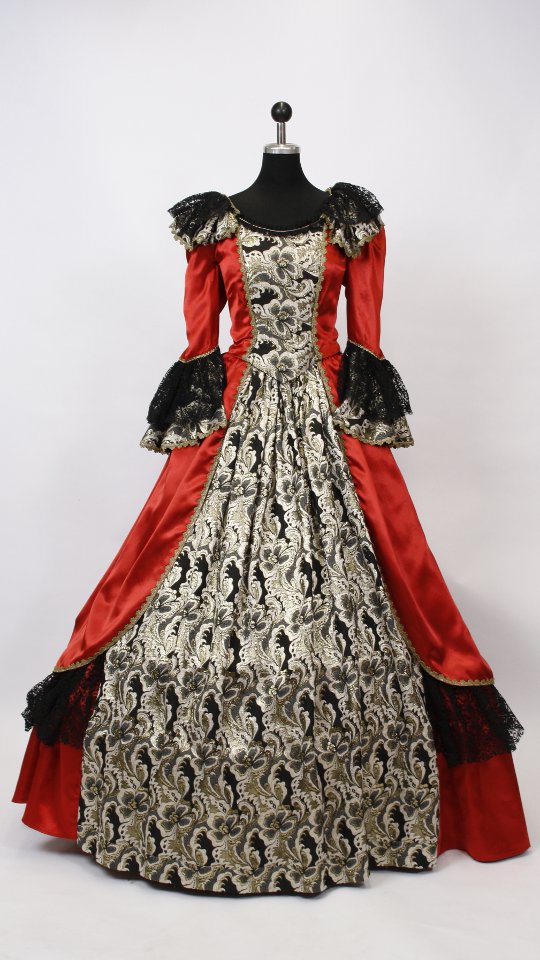 Rokokokleid – Hofdame Outfit – Rot-Brokat (Kleid, Reifrock und Kette) mieten