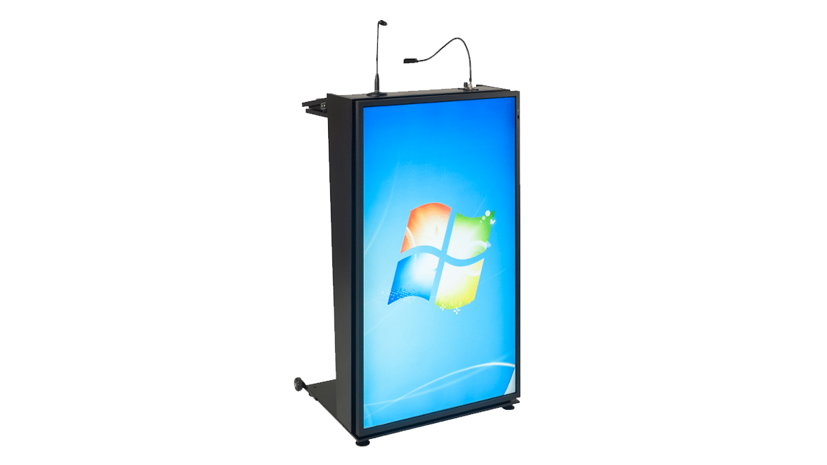 Rednerpult – schwarz elektrisch Höhenverstellbar mit 49″ Frontscreen mieten mieten bei Tecstage