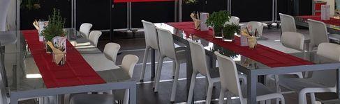 Bankett-Tisch mieten – wetterfester Eventtisch 140 cm, Alu & Hartglas