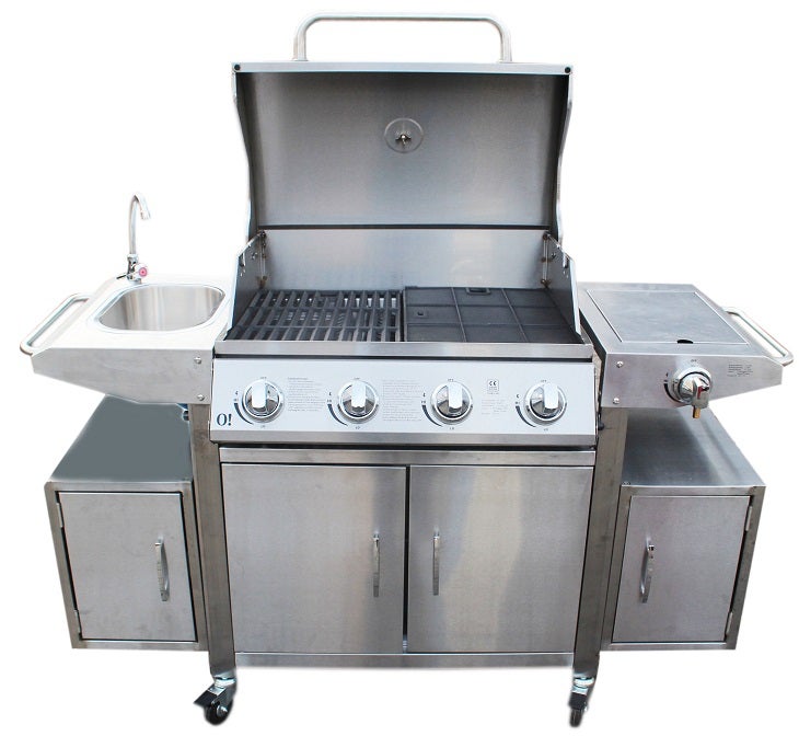Profi-Gasgrill mieten – Outdoor-Edelstahlgrill 14 kW mit Seitenbrenner & Spülbecken