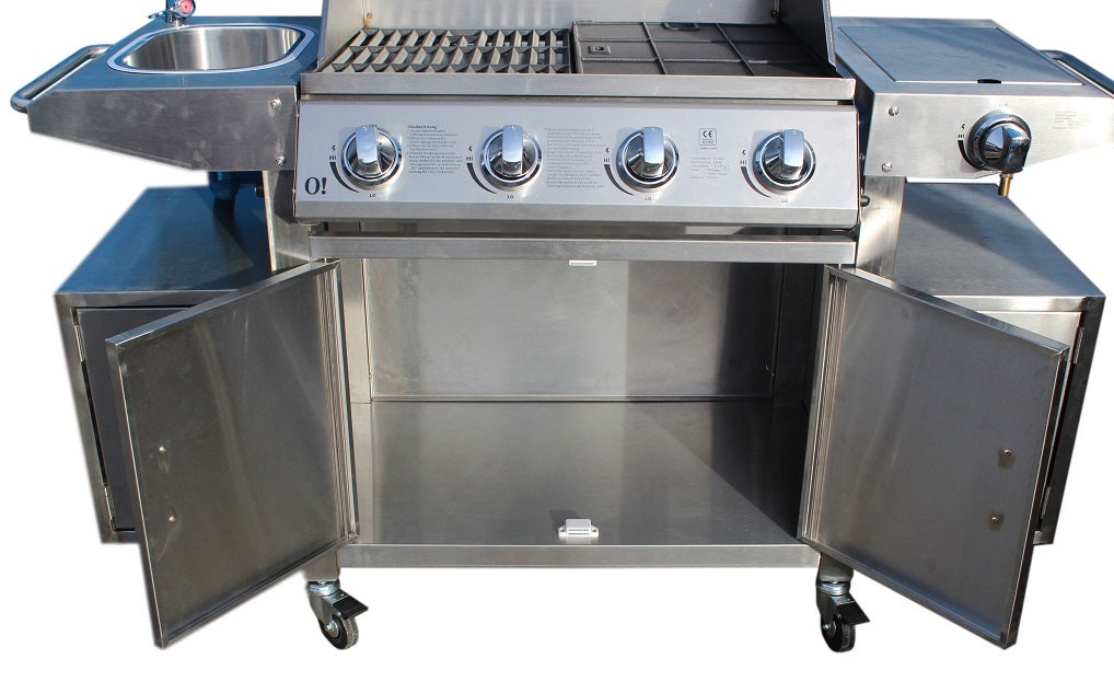 Profi-Gasgrill mieten – Outdoor-Edelstahlgrill 14 kW mit Seitenbrenner & Spülbecken – 3