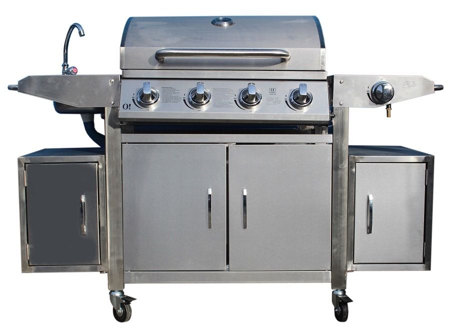 Profi-Gasgrill mieten – Outdoor-Edelstahlgrill 14 kW mit Seitenbrenner & Spülbecken – 4