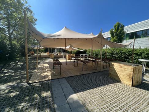 Stretchzelt mieten 10 x 12 m sand – 120 m² Tentickle Flexzelt