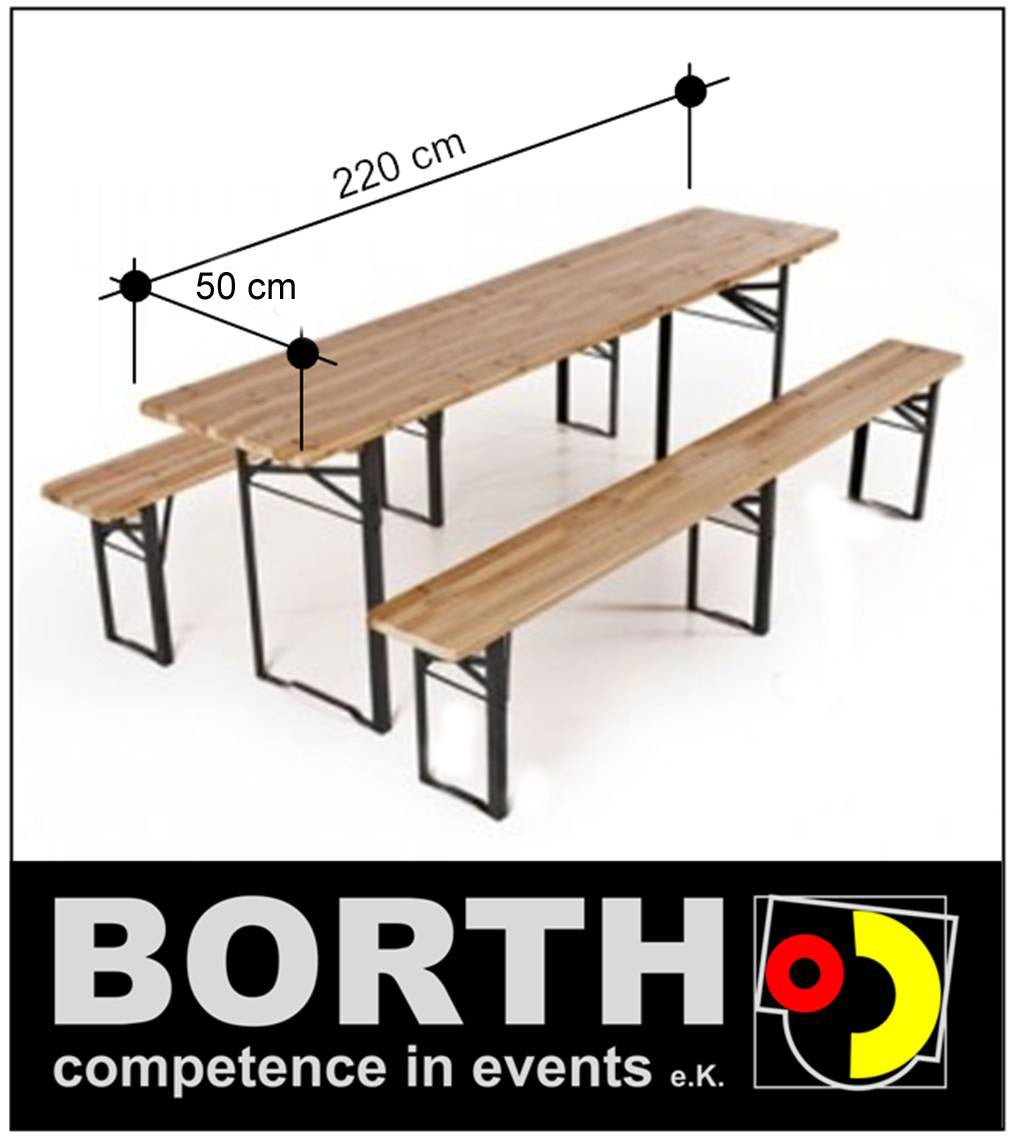 Festtisch mit zwei Bänken mieten – Garnitur 2,20 m, 50 cm breit