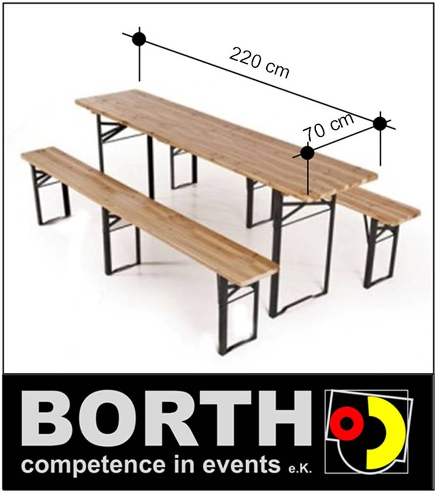 Bierzeltgarnitur mieten – Tisch 2,20 m, 70 cm breit, mit Hussen