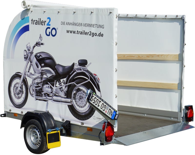 Motorradanhänger L mieten – 1 Motorrad, gebremst 1,3 to., absenkbar, mit Plane – 2