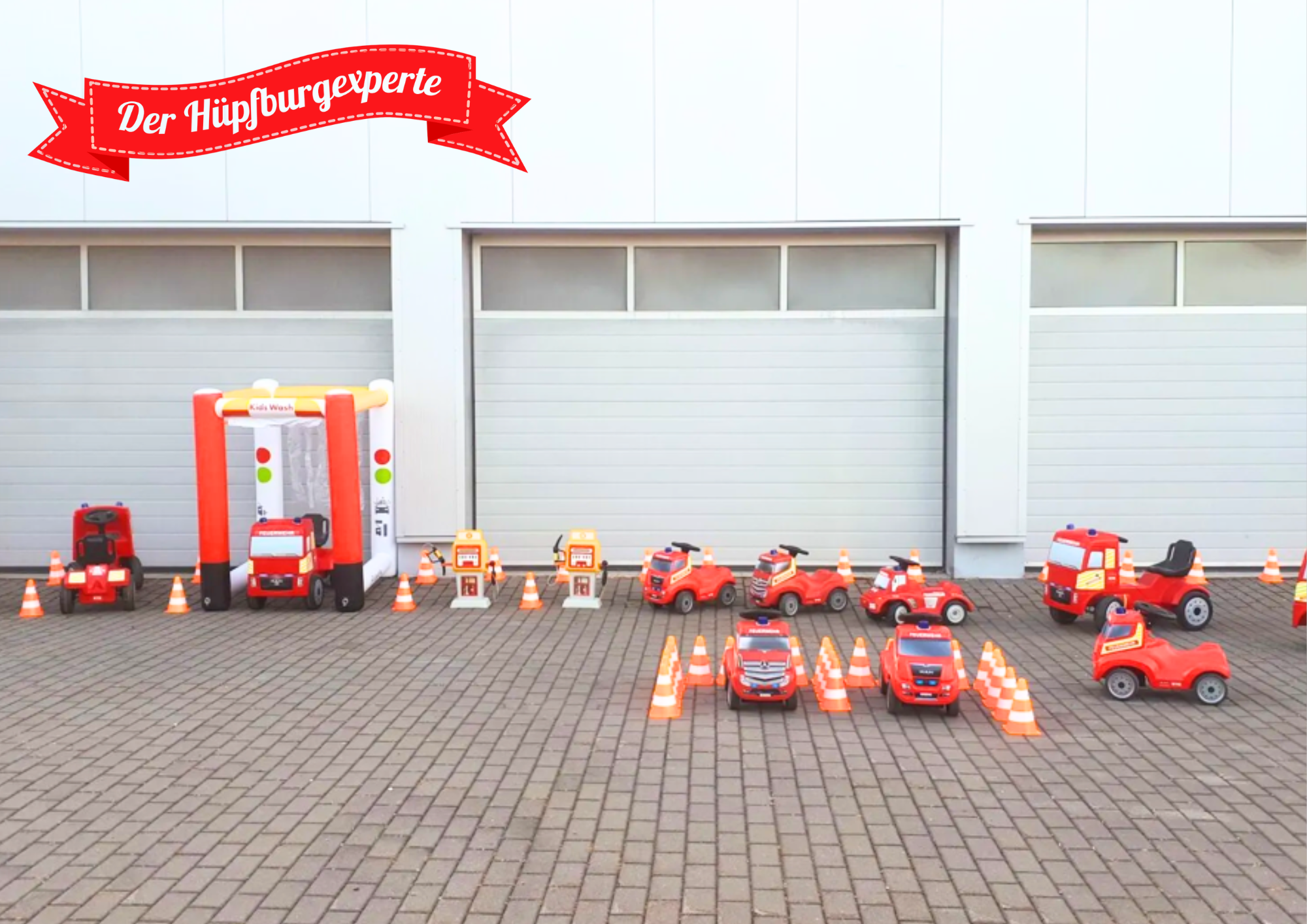 Kinder-Fahrzeugparcours mieten – Feuerwehrautos, Verkehrsschilder & Spielstraße