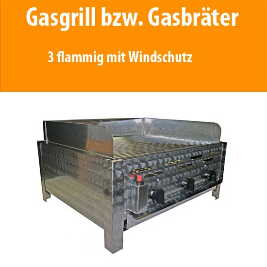 Gasgrill mieten – 11 KW Edelstahl-Gasgrill mit Windschutz & 3 Brennern