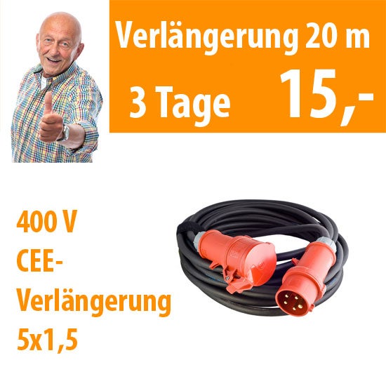 CEE-Verlängerung mieten – 400 V Starkstromkabel 20 m, 5x1,5, spritzwasserfest