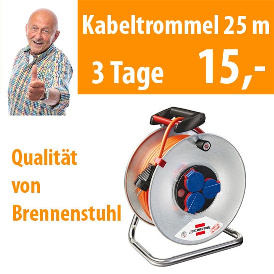 Kabeltrommel mieten – 25 m Außenkabel, 230 V / 16 A, spritzwassergeschützt