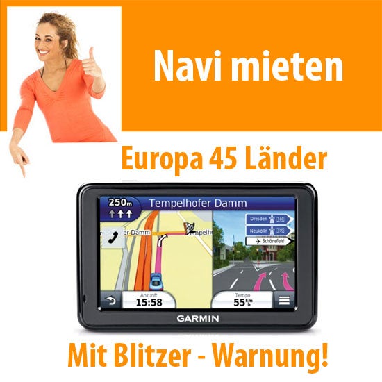 Navigationssystem mieten – mobiles 5-Zoll-Navi mit 45 Länderkarten & Blitzerwarnung