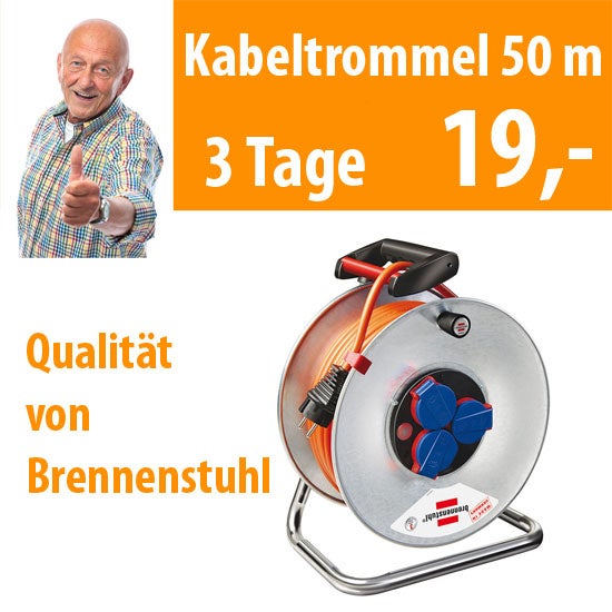 Kabeltrommel mieten – 50 m Außenkabel, 230 V / 16 A, spritzwassergeschützt