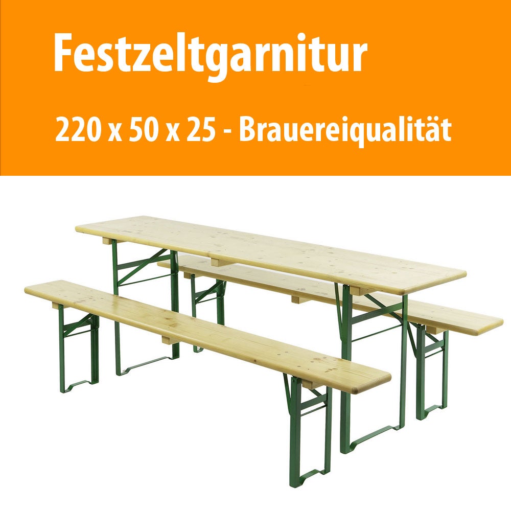 Festzeltgarnitur mieten – Biertischgarnitur 220 cm in Brauereiqualität