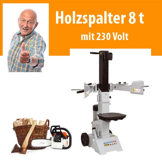 Holzspalter 8 t mieten – 230 Volt, Stammdurchmesser bis 60 cm, Spaltlänge 105 cm