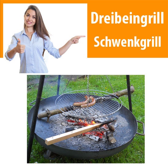 Dreibeingrill mieten – rustikaler Schwenkgrill mit Feuerschale, Höhe 1,5 m