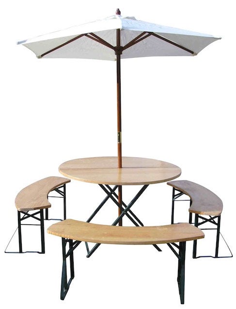 Biertischgarnitur rund mieten – 120 cm klappbar, 3 Bänke für 6 Personen